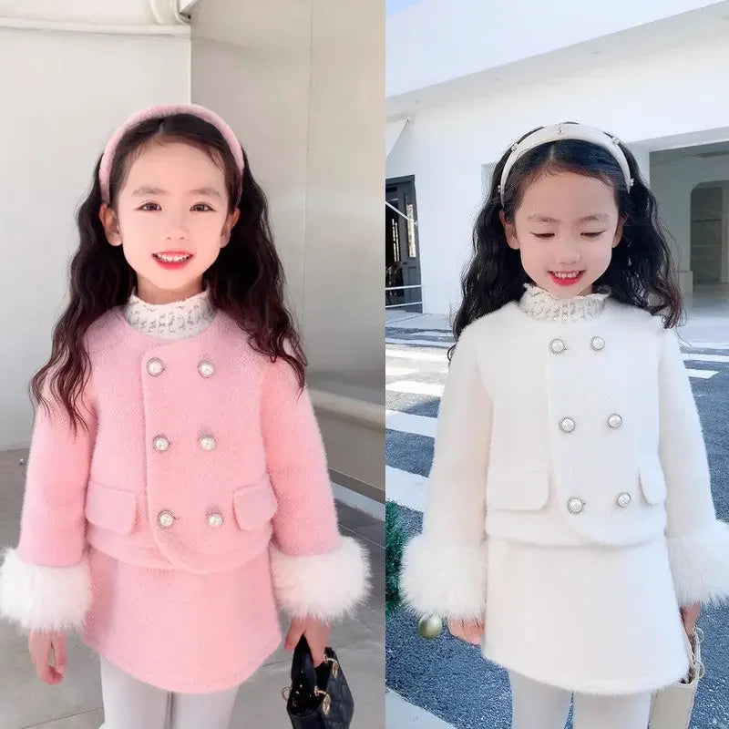 2025 New Year's Girls' Set with Cotton and Thickened Small Fragrant Plush Jacket+ Hip Hugging Skirt Winter New Clothing Suits