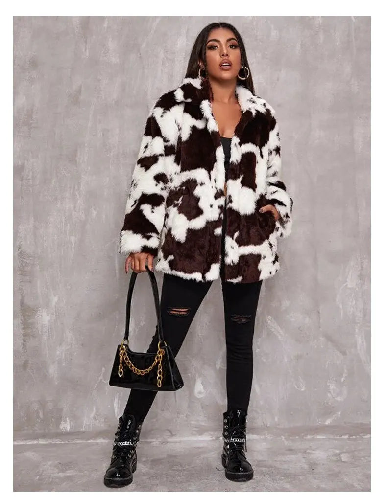 Spring Winter New Fashion Coat Harajuku Cows Printing Loose Full Sleeve Leather Jacket Vintage Flannel Keep Warm Cotton Clothes