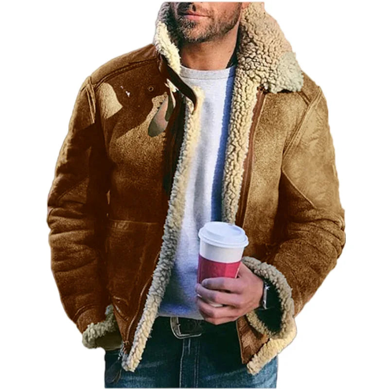 New Men's Winter Jacket Thick Warm Faux Leather Warm Coats Fashion Turn Down Collar Contrasting Color Suede Fur One-Piece Jacket