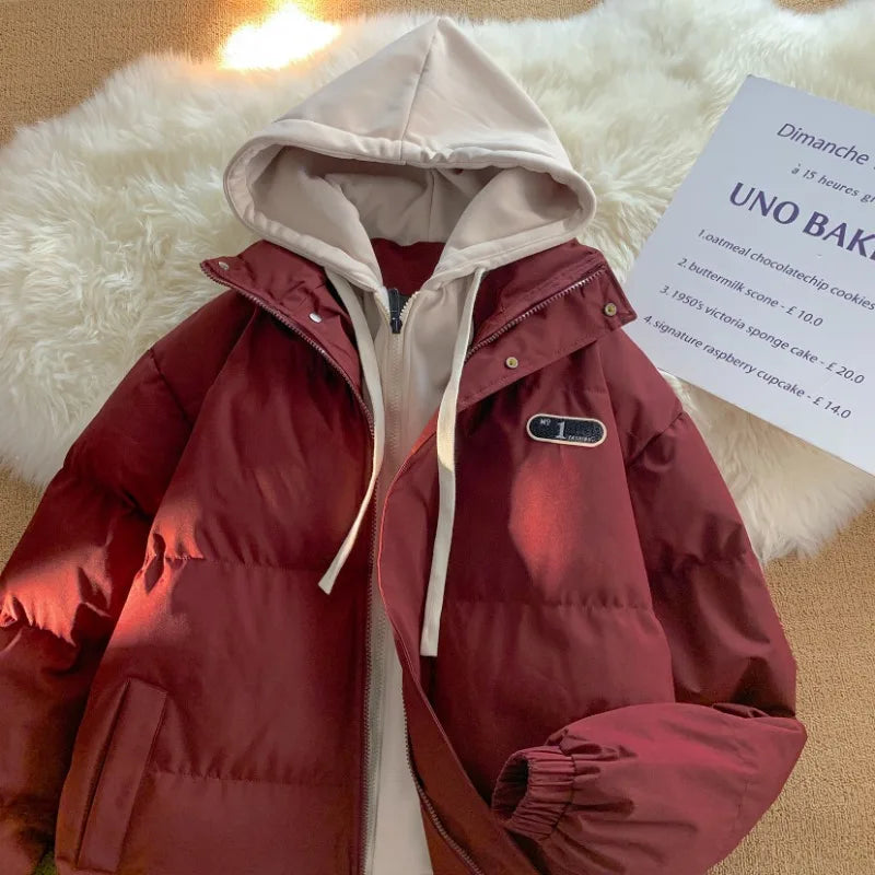 Winter New Fashion Splicing Hooded Fake Two-piece Design Sense Bread Clothes Women Y2K New Korean Version Thick Warm Coats