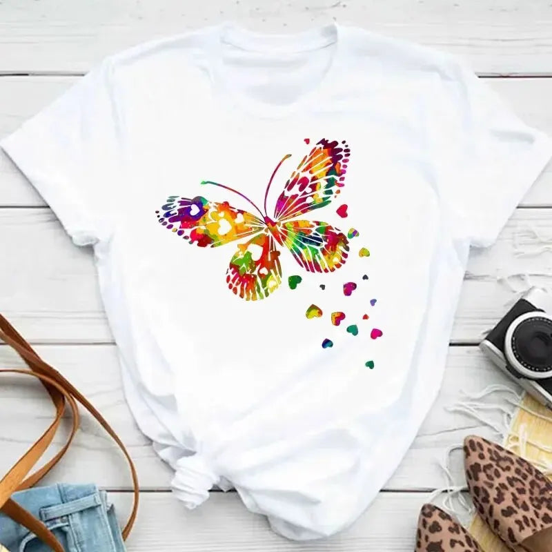 Colorful Butterfly Petal Print Short Sleeve and Round Neck Cute Graphic Tee Shirts Female Tops Clothing .