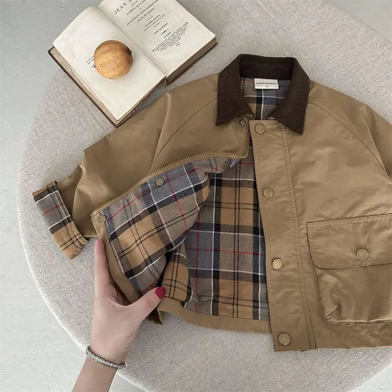 2025 UNITIM Spring Autumn Kids Boys Jacket Plaid Spliced Pocket Long Sleeve Toddler Boys Outerwears Coat Children Boys Jacket