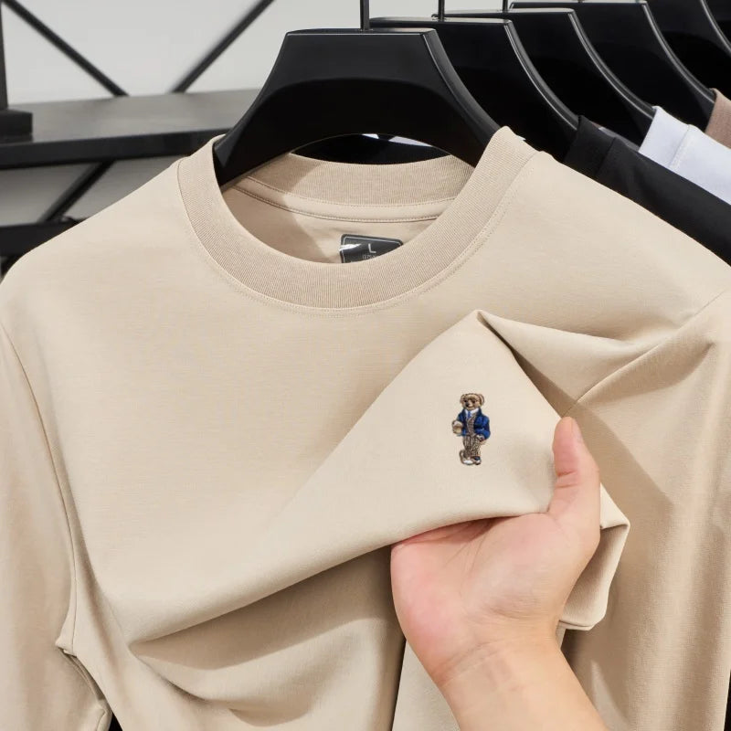 High-quality Men's luxury spring autumn long sleeve T-shirt round neck commuting versatile exquisite teddy bear embroidered top