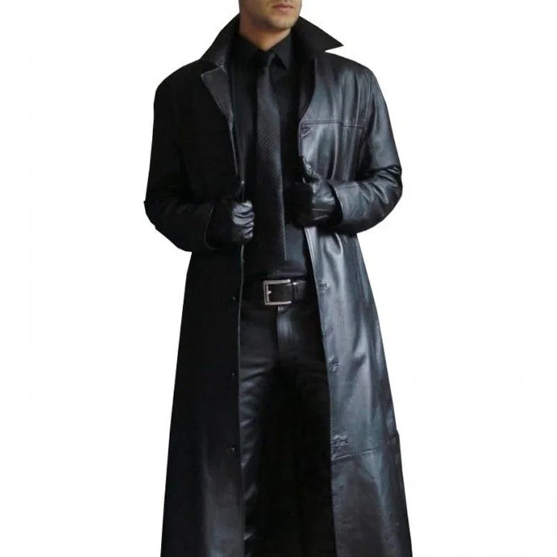 2026 Men Faux Leather Trench Fashion Long Sleeve Autumn Windbreaker Coat Slim Leather Long Leather Jacket Men's Jacket Outwear