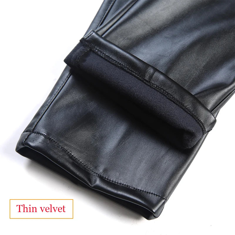 Elastic PU Leather Pants Mens Slim Stretch Trousers Thin Velvet Windproof Motorcycle Trousers Outdoor Work Biker Leather Pants