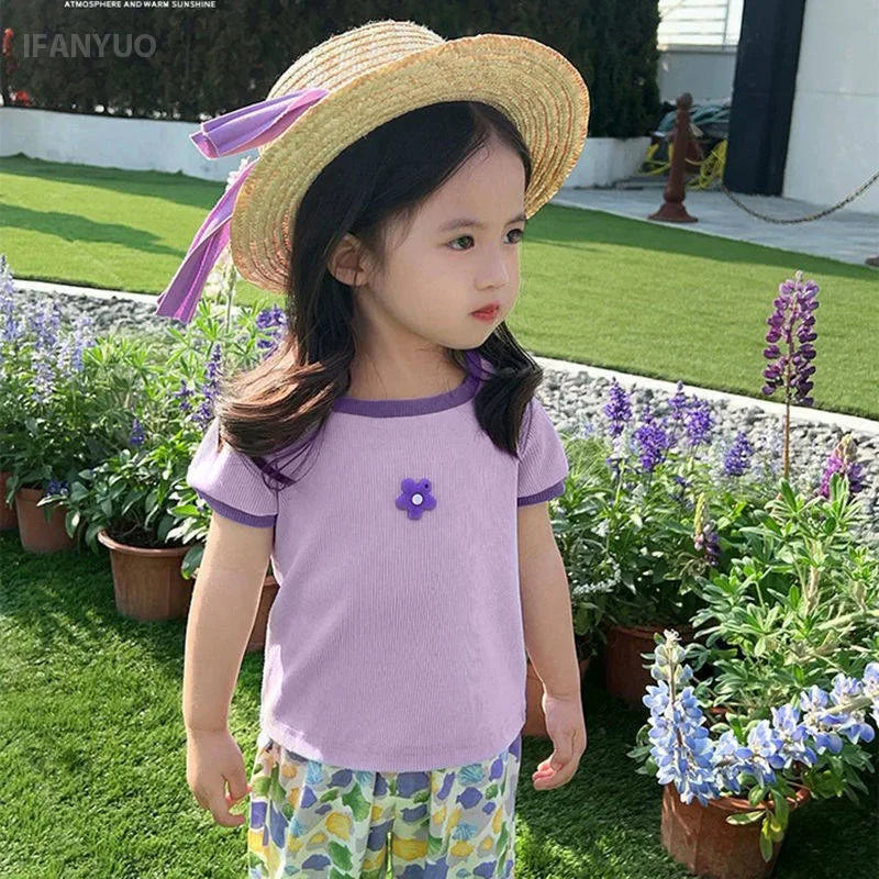 1-7Y Children's Short Sleeved T-shirt 2025 Summer New Girls Square Neck Shirts Cute Stylish Baby Breathable Half Dleeved Tops