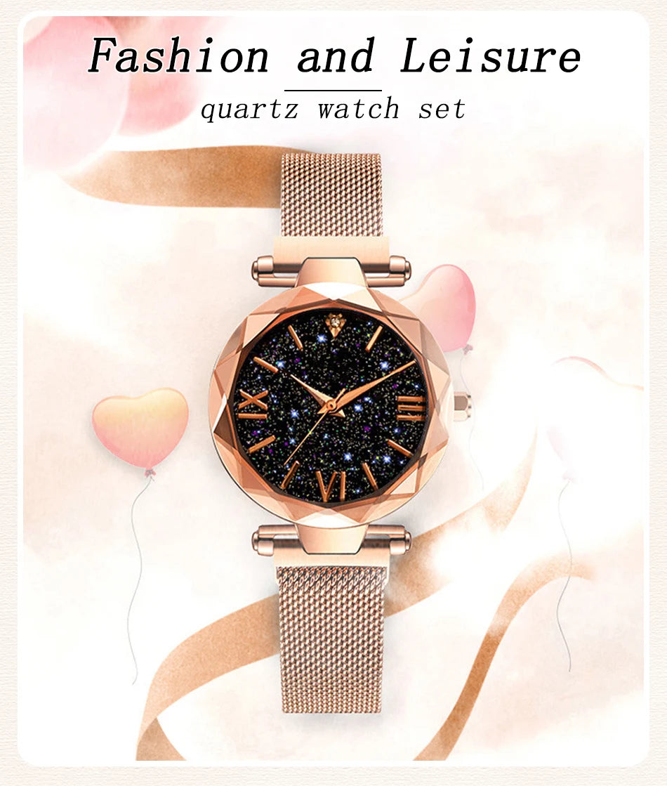 Womens Fashion Starry Sky Watches Magnet Buckle Mesh Belt
