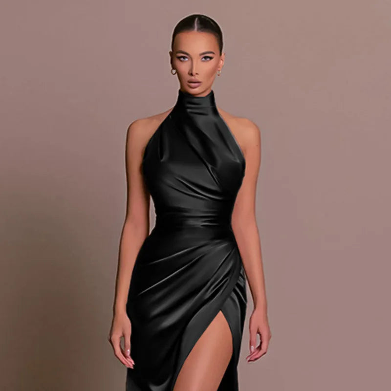 Ladies Summer Satin Evening Birthday Party Dresses Women Sleeveless Backless Halter Side Slit Elegant Long Dress Mowan Clothes