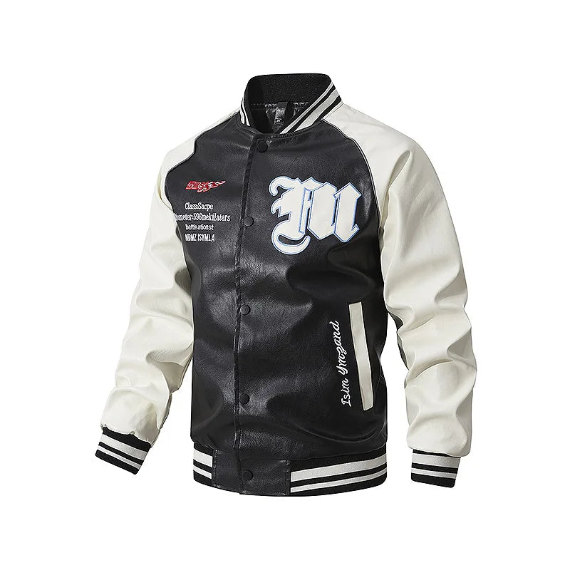 Men's Fashionable Versatile Embroidered PU Leather Baseball Jacket New 2025 Autumn Racing Suit Trendy And Stylish