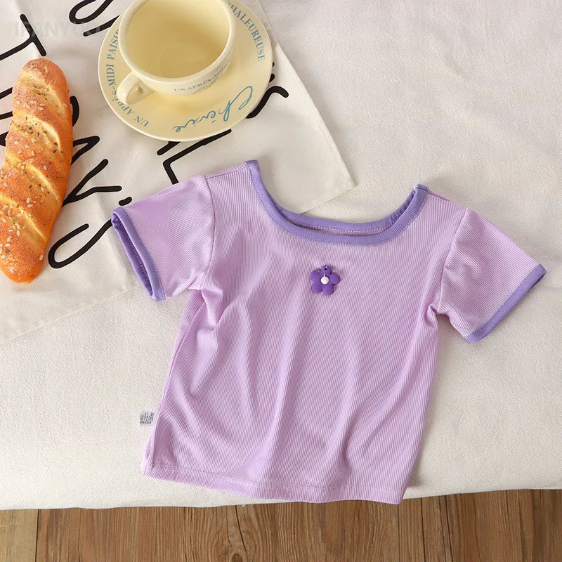 1-7Y Children's Short Sleeved T-shirt 2025 Summer New Girls Square Neck Shirts Cute Stylish Baby Breathable Half Dleeved Tops