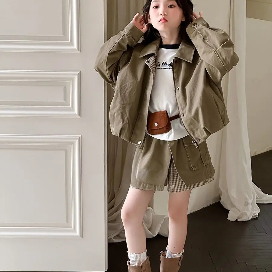 Girls Suit 2025 Autumn New Children's Clothing Korean Style Girl Baby Fashion Coat False Two Short Skirt Two Sets Casual Simple