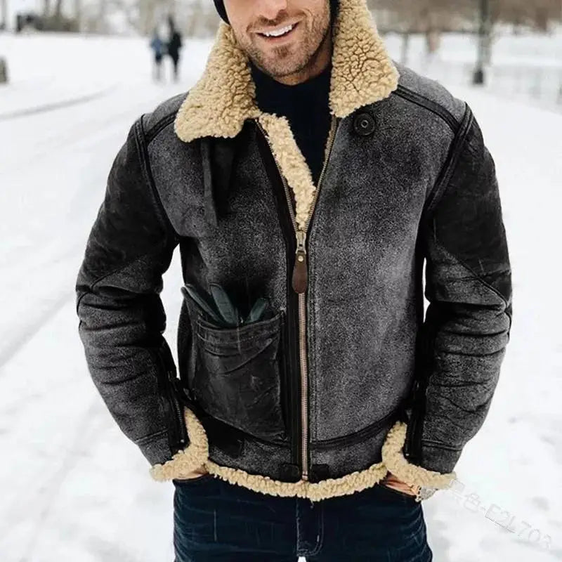 New Men's Winter Jacket Thick Warm Faux Leather Warm Coats Fashion Turn Down Collar Contrasting Color Suede Fur One-Piece Jacket
