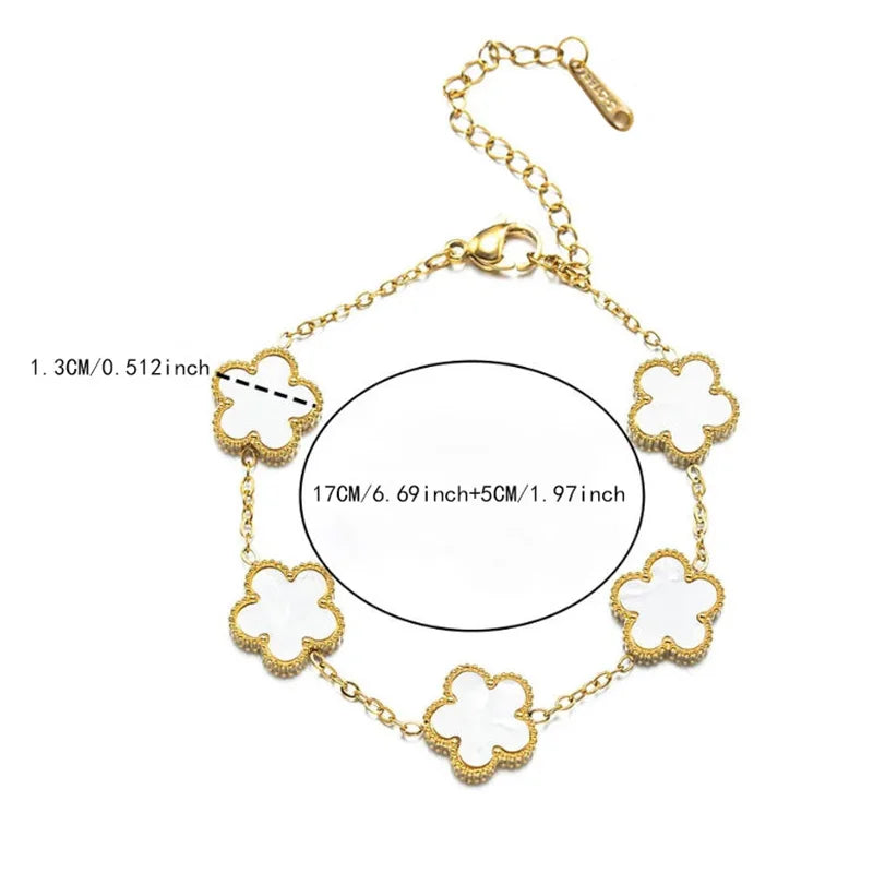 The stainless steel double-sided bracelet with five-leaf petals and gold-plated clovers is the best family gift for mothers, lad