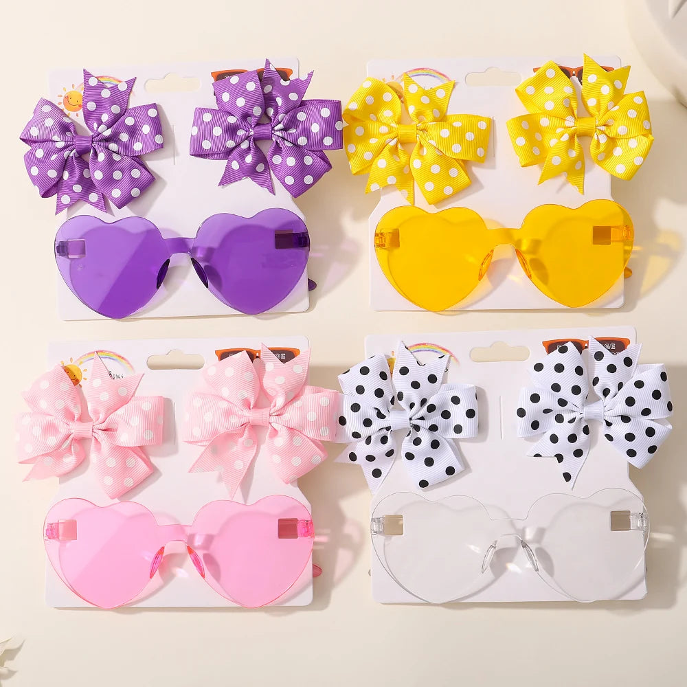 3Pcs/Pack Solid Dot Hair Bows Clip Girls Boutique Bowknot Hair Clips Kids Colorful Heart Sun Glasses Children Hair Accessories.