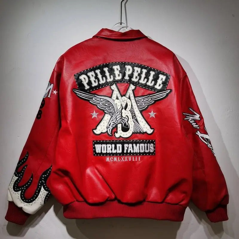 American retro cool design flame decoration hip-hop eagle nail motorcycle embroidery leather jackets winter version mens jacket