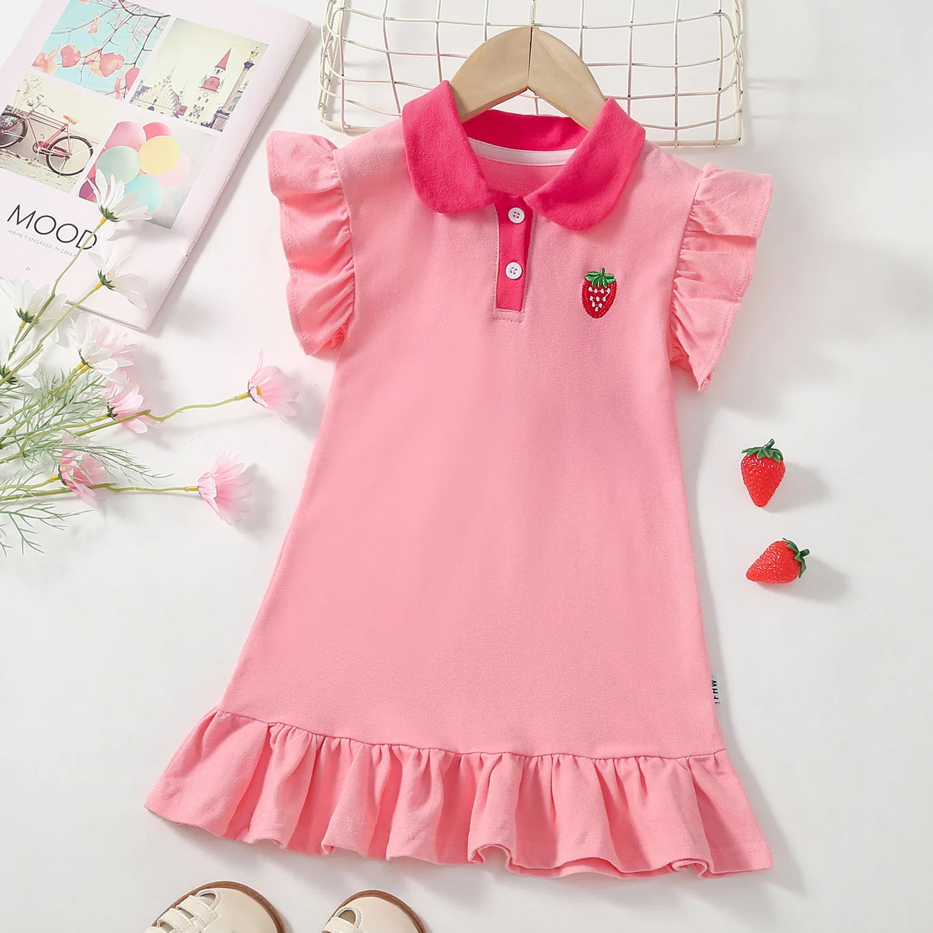 2026 Korean dress  children girls' summer lapel with embroidery  ruffle hem princess dress1-6Y