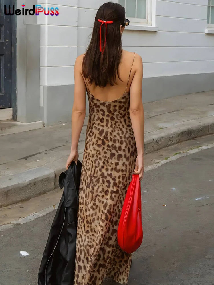 Weird Puss Leopard Print Dress Woman Summer Sexy Swing Collar Spaghetti Straps Backless Ruffles Party Clubwear Skinny Vestidos
