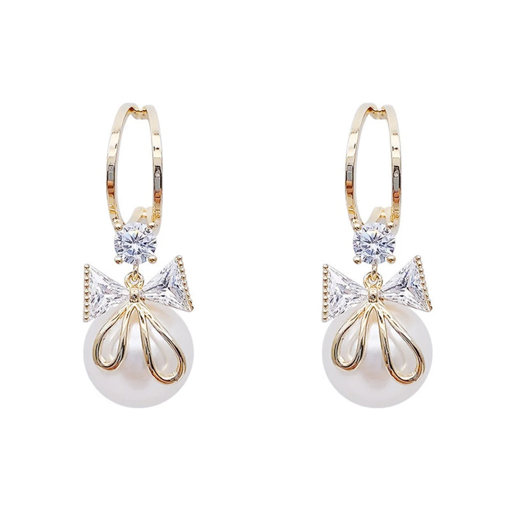 Crystal Bow Earrings with Natural Stone Drop Design Gold Korean Style