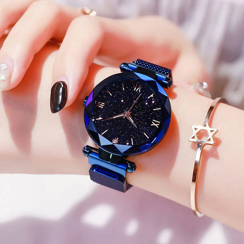 Womens Fashion Starry Sky Watches Magnet Buckle Mesh Belt