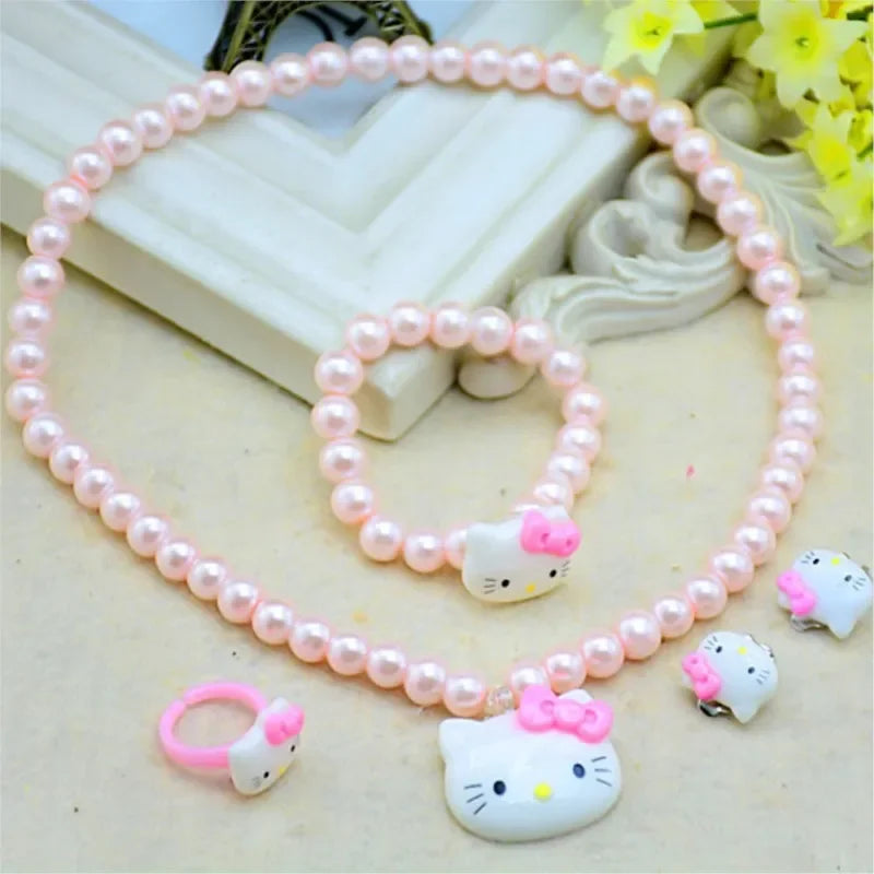 4pcs/set Cartoon Kawaii Hello Kitty Necklace Hairclips Ring Set Toy Kids Hairpins Girl Heart Accessories Birthday Gifts