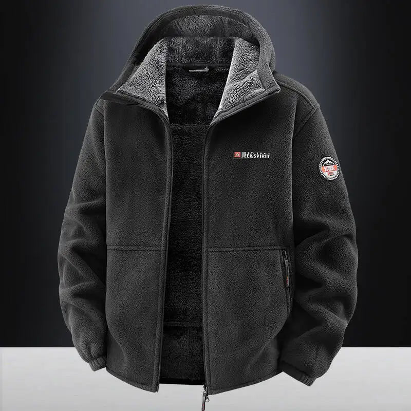 Men's Outdoor Sport Hooded Sweatshirt Jacket Warm Fleece Liner Windproof Softshell Inner Polar Fleece Coat with Zipper & Pockets
