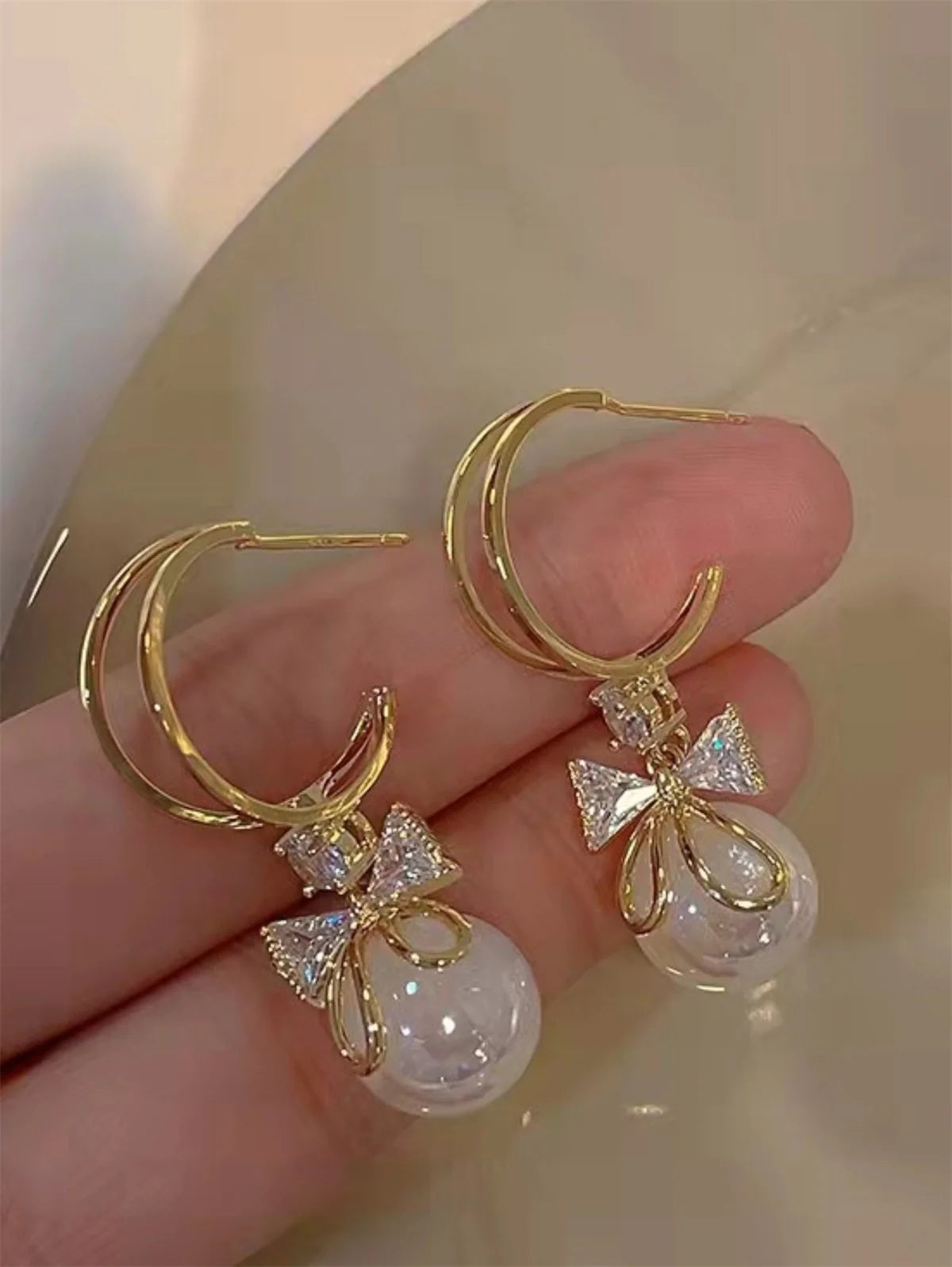 Crystal Bow Earrings with Natural Stone Drop Design Gold Korean Style