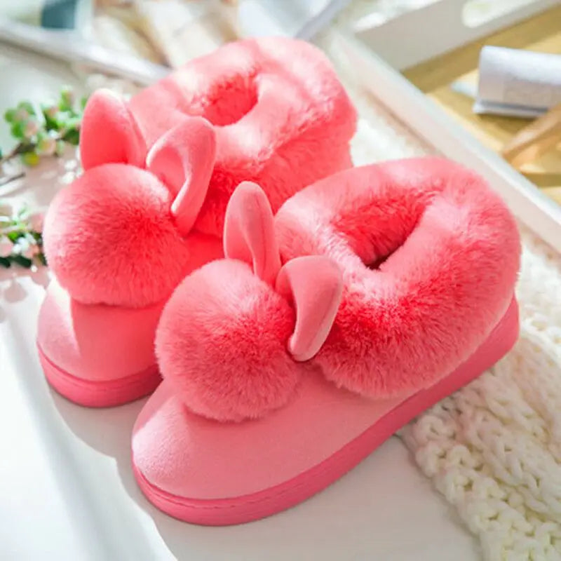 Winter Plush Slippers for Women & Men - Thick Sole Couple House Shoes, Cozy Faux Rabbit Fur Indoor Slides with Closed Back