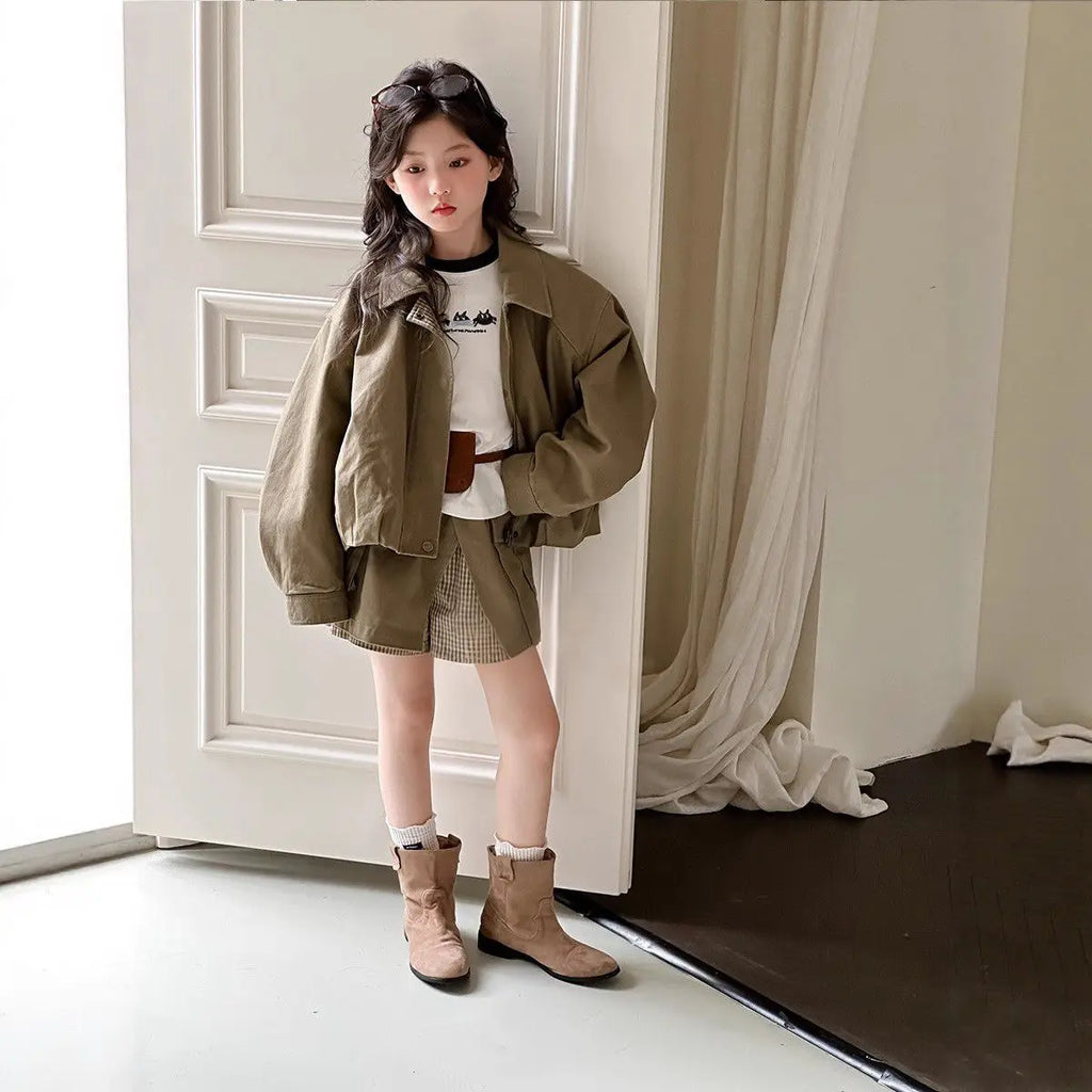 Girls Suit 2025 Autumn New Children's Clothing Korean Style Girl Baby Fashion Coat False Two Short Skirt Two Sets Casual Simple