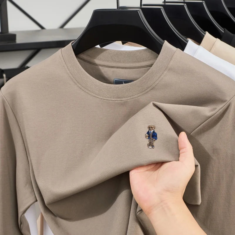 High-quality Men's luxury spring autumn long sleeve T-shirt round neck commuting versatile exquisite teddy bear embroidered top