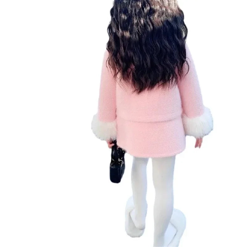 2025 New Year's Girls' Set with Cotton and Thickened Small Fragrant Plush Jacket+ Hip Hugging Skirt Winter New Clothing Suits