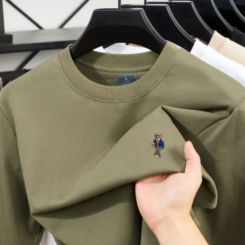 High-quality Men's luxury spring autumn long sleeve T-shirt round neck commuting versatile exquisite teddy bear embroidered top