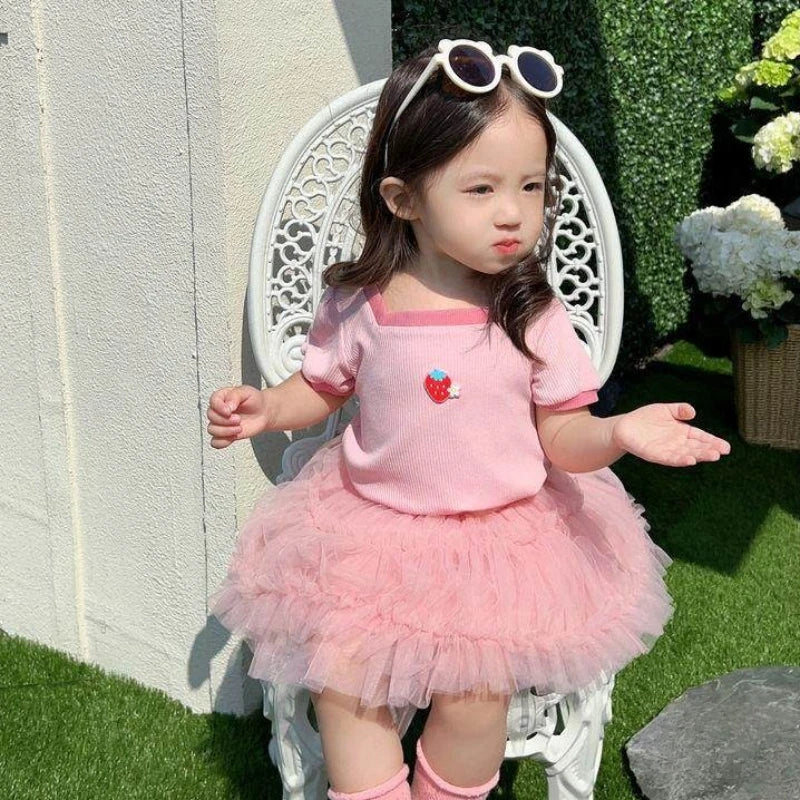 1-7Y Children's Short Sleeved T-shirt 2025 Summer New Girls Square Neck Shirts Cute Stylish Baby Breathable Half Dleeved Tops