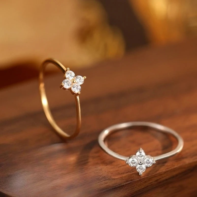 925 Thai Silver Inlaid Four Leaves Clover Zirconia Flower Ring for Women Simple Elegant