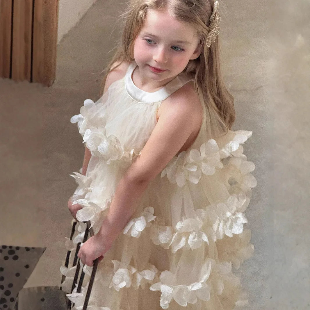 2025 Spring Summer New Children Clothing Girls Neck Hanging Flower Layered Long Dress Korean Children Birthday Princess Dress