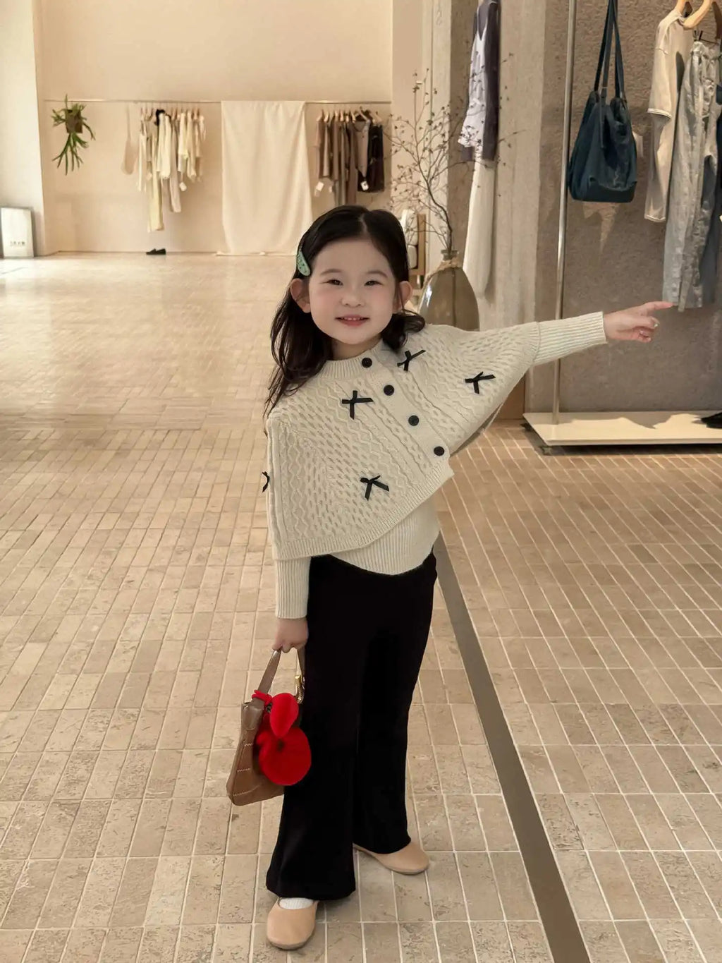 2025 Autumn New Children Clothing Korean Children Clothing Girls Retro Bow Sweater Cape Sweater Two Piece Set
