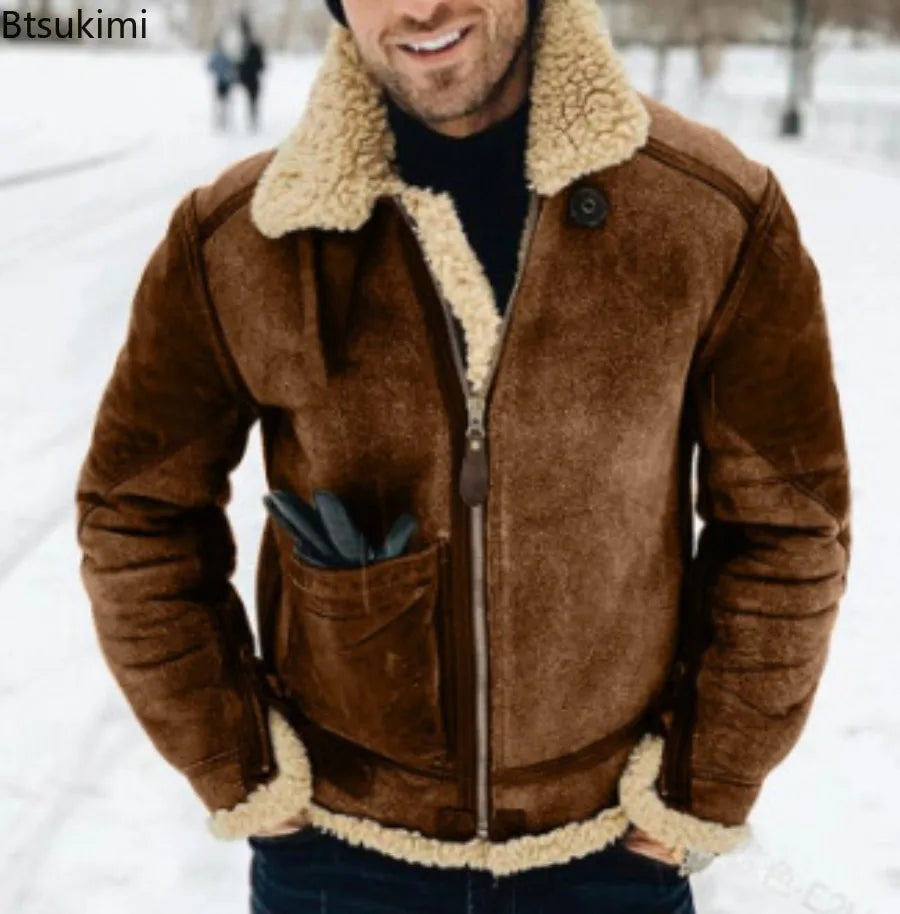 New Men's Winter Jacket Thick Warm Faux Leather Warm Coats Fashion Turn Down Collar Contrasting Color Suede Fur One-Piece Jacket