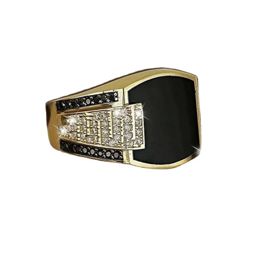 Classic Men's Ring Fashion Metal Gold Color Inlaid Black Stone Zircon Punk Rings for Men Engagement Wedding Luxury Jewelry