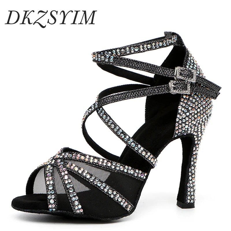 DKZSYIM Rhinestone Women Latin Dance Shoes Latin Salsa Girl Dancing Shoes Black Shiny Ballroom Dance Shoes For Girls Ladies