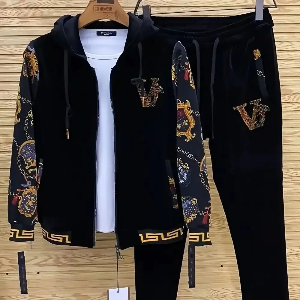 Men's Spring and Autumn Coat 2024 New Gold Velvet Casual Two-Piece Suit Pants Suit All-Match Fashion Fashion