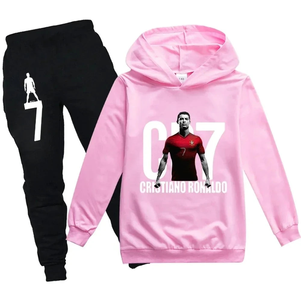 3-12 Years Spring Autumn Football CR7 Print Hoodie +Pants Suit Boy Sweatshirt 2pcs Sets Children Set Trousers Suits Kid Clothes