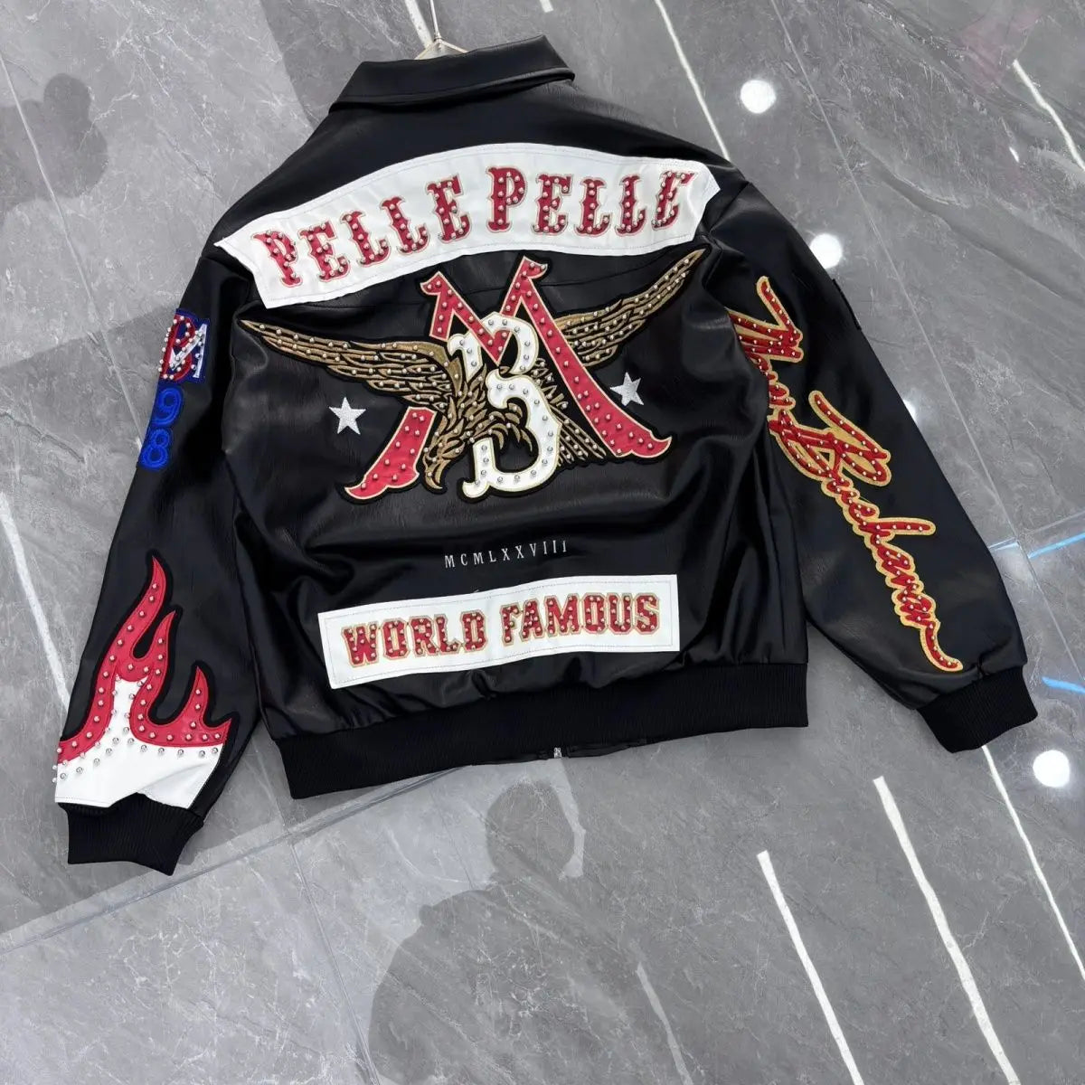 American retro cool design flame decoration hip-hop eagle nail motorcycle embroidery leather jackets winter version mens jacket