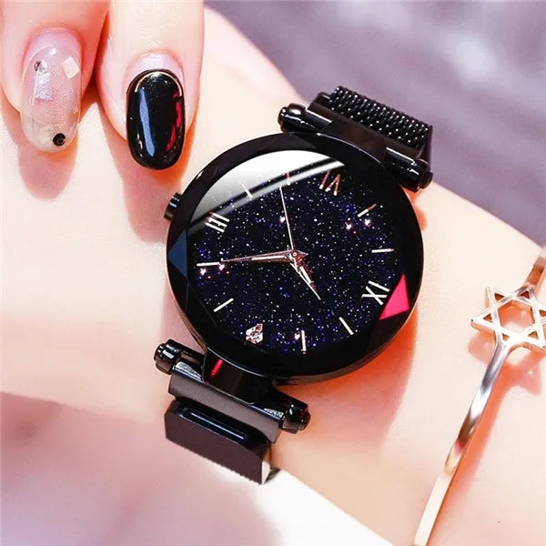 Womens Fashion Starry Sky Watches Magnet Buckle Mesh Belt
