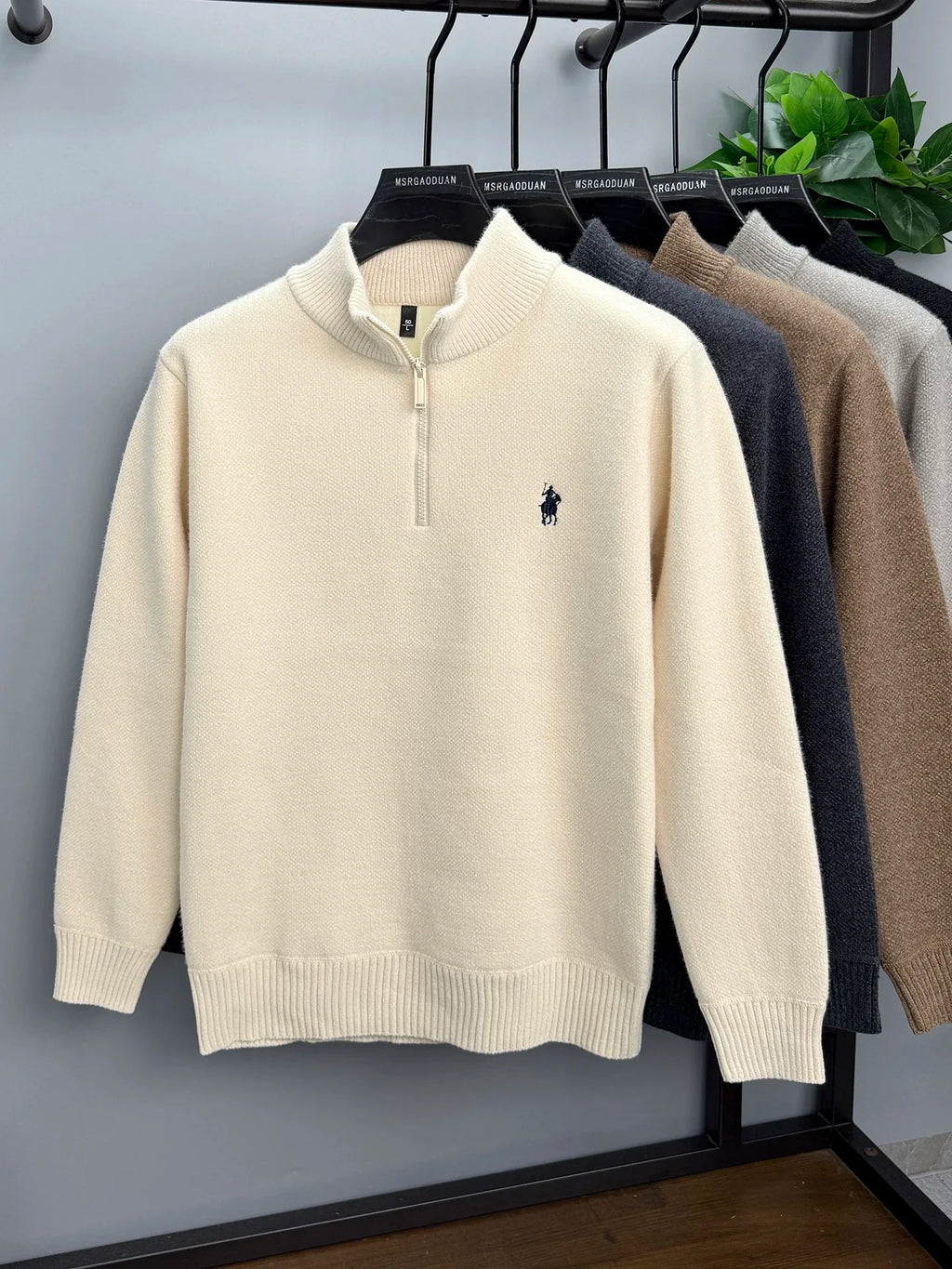 Luxury brand zipper semi high neck sweater men's high-end fashion ponytail golf embroidery winter new velvet warm knit pullover