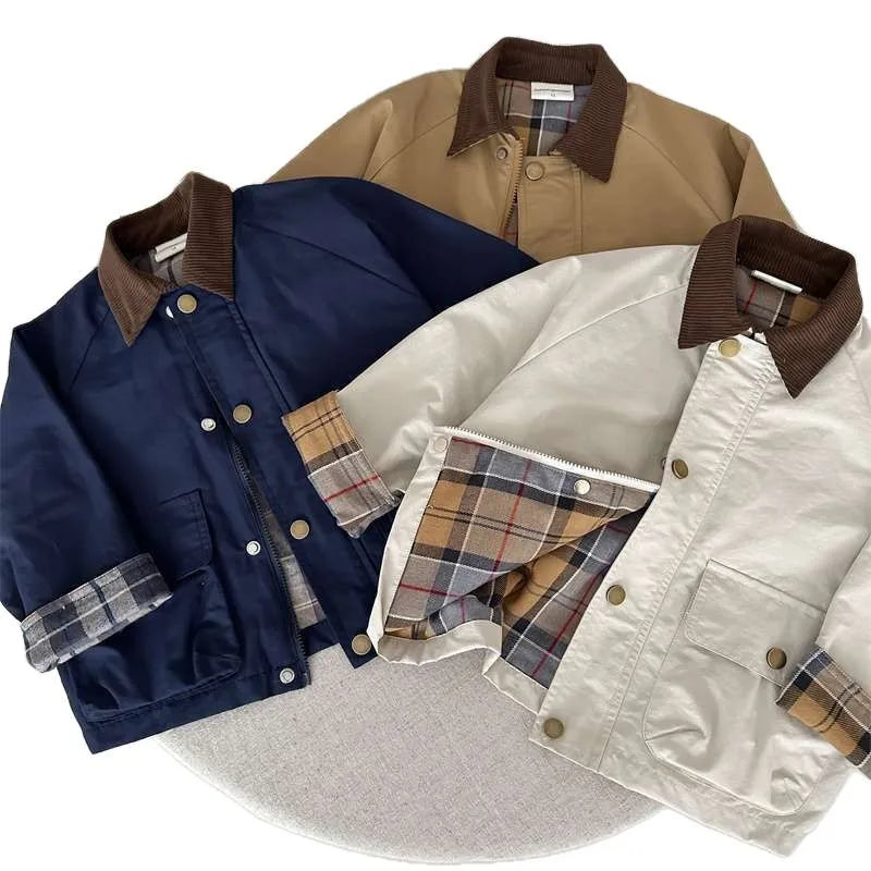 2025 UNITIM Spring Autumn Kids Boys Jacket Plaid Spliced Pocket Long Sleeve Toddler Boys Outerwears Coat Children Boys Jacket