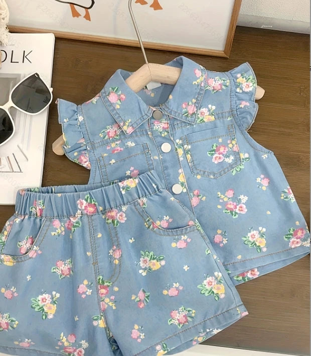 2025 Summer New Foreign-style Thin Section Fly Sleeve Floral Print Short-sleeved Shorts Set, Baby Girl Summer Two-piece Suit