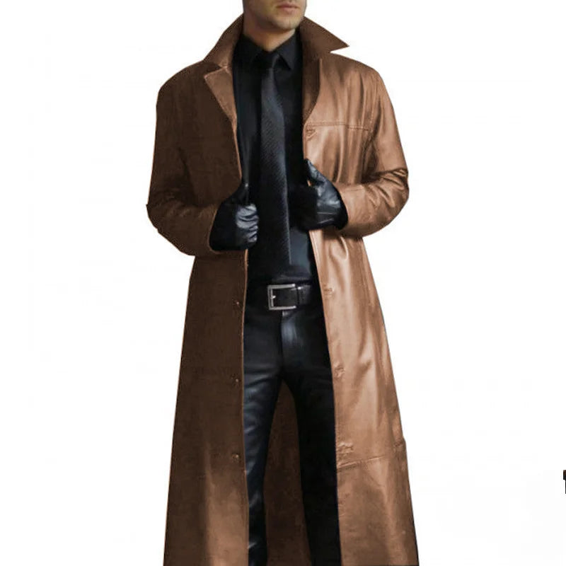 2026 Men Faux Leather Trench Fashion Long Sleeve Autumn Windbreaker Coat Slim Leather Long Leather Jacket Men's Jacket Outwear