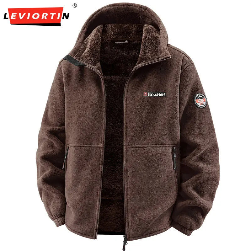 Men's Outdoor Sport Hooded Sweatshirt Jacket Warm Fleece Liner Windproof Softshell Inner Polar Fleece Coat with Zipper & Pockets