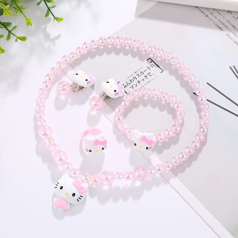 4pcs/set Cartoon Kawaii Hello Kitty Necklace Hairclips Ring Set Toy Kids Hairpins Girl Heart Accessories Birthday Gifts