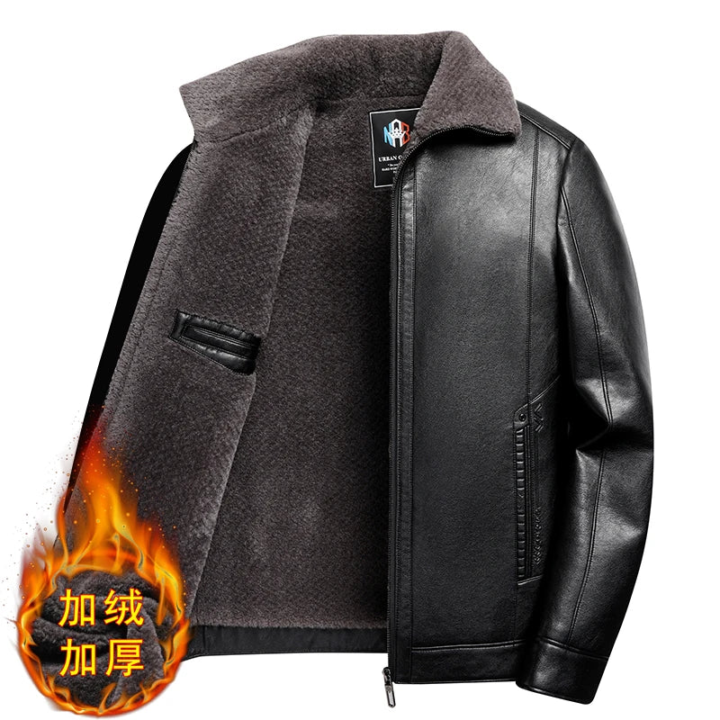 Add Fleece and Thickening Winter Dad Leather Jacket for Middle-aged Grandpa Fur Collar Middle-aged Men's Coat for Warmth