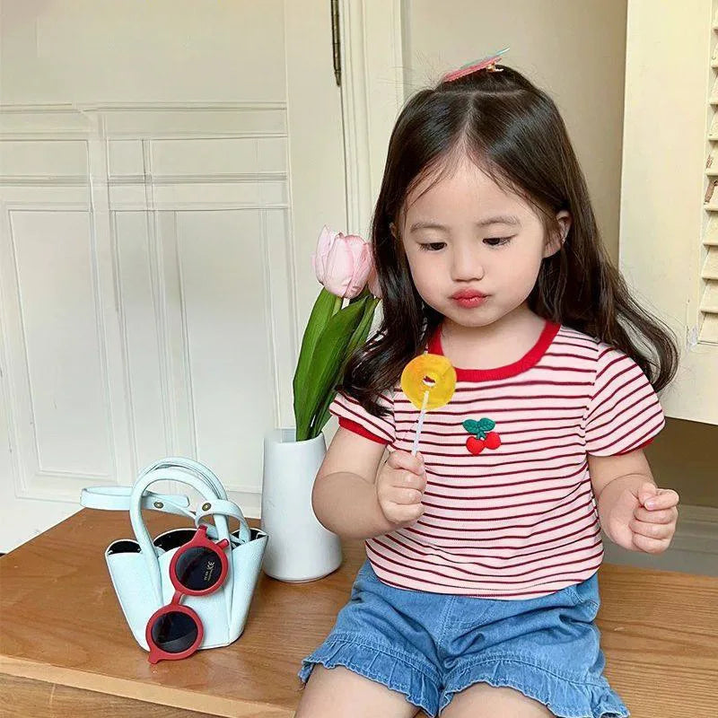 1-7Y Children's Short Sleeved T-shirt 2025 Summer New Girls Square Neck Shirts Cute Stylish Baby Breathable Half Dleeved Tops
